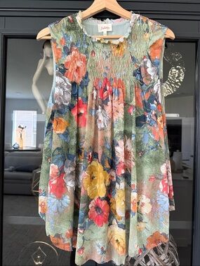 Anthropologie-Deletta Green Floral Smocked Sleeveless Top